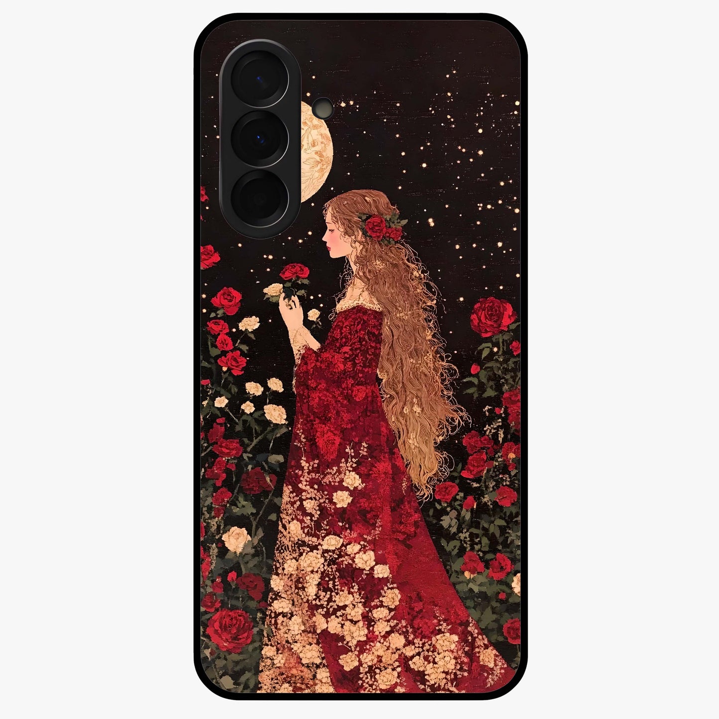 Crimson Dreams Glass Case showing flat back view with dreamy crimson artwork and glossy glass finish.
