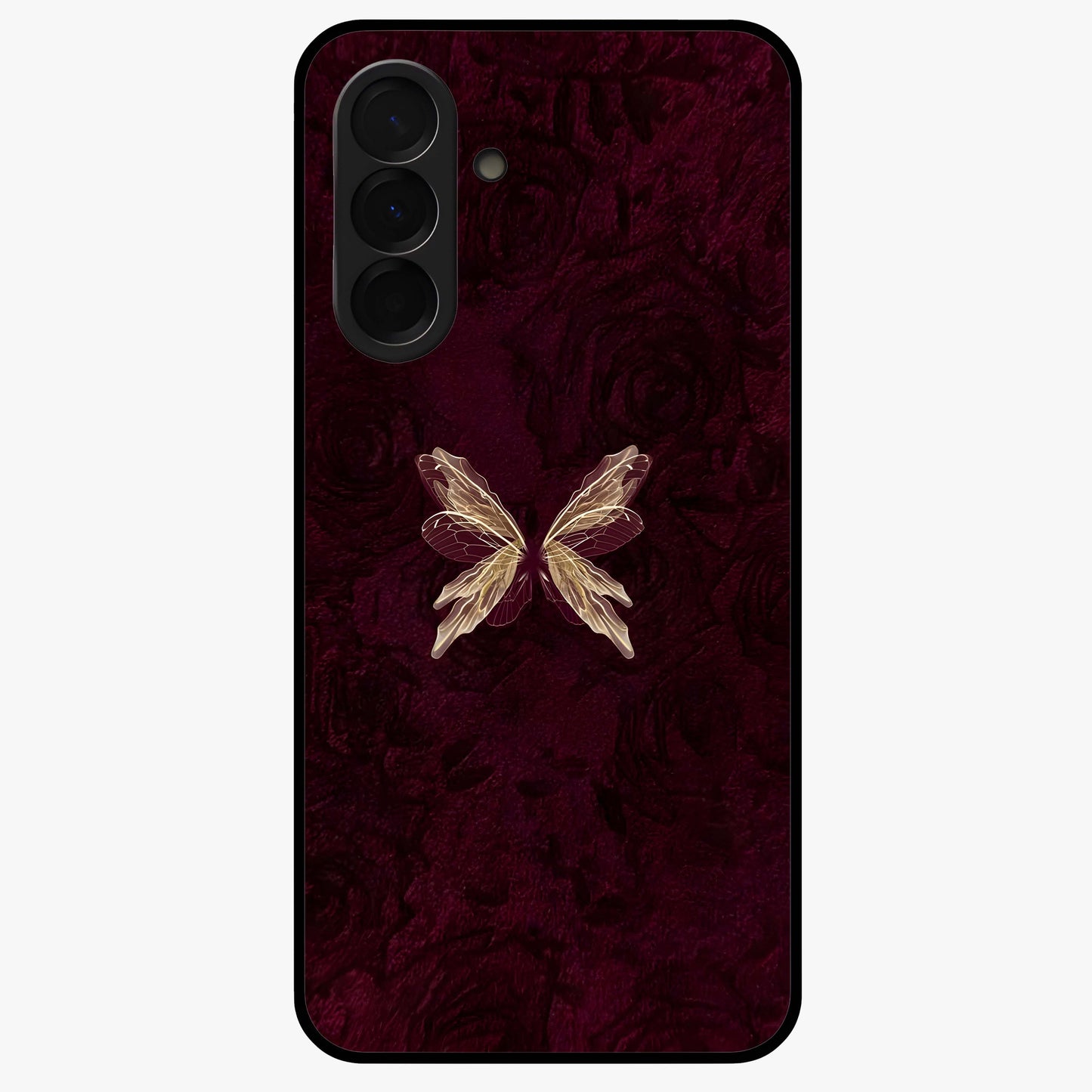 Crimson Fade Butterfly Glass Case showing flat back view with fading butterfly artwork and glossy glass finish.