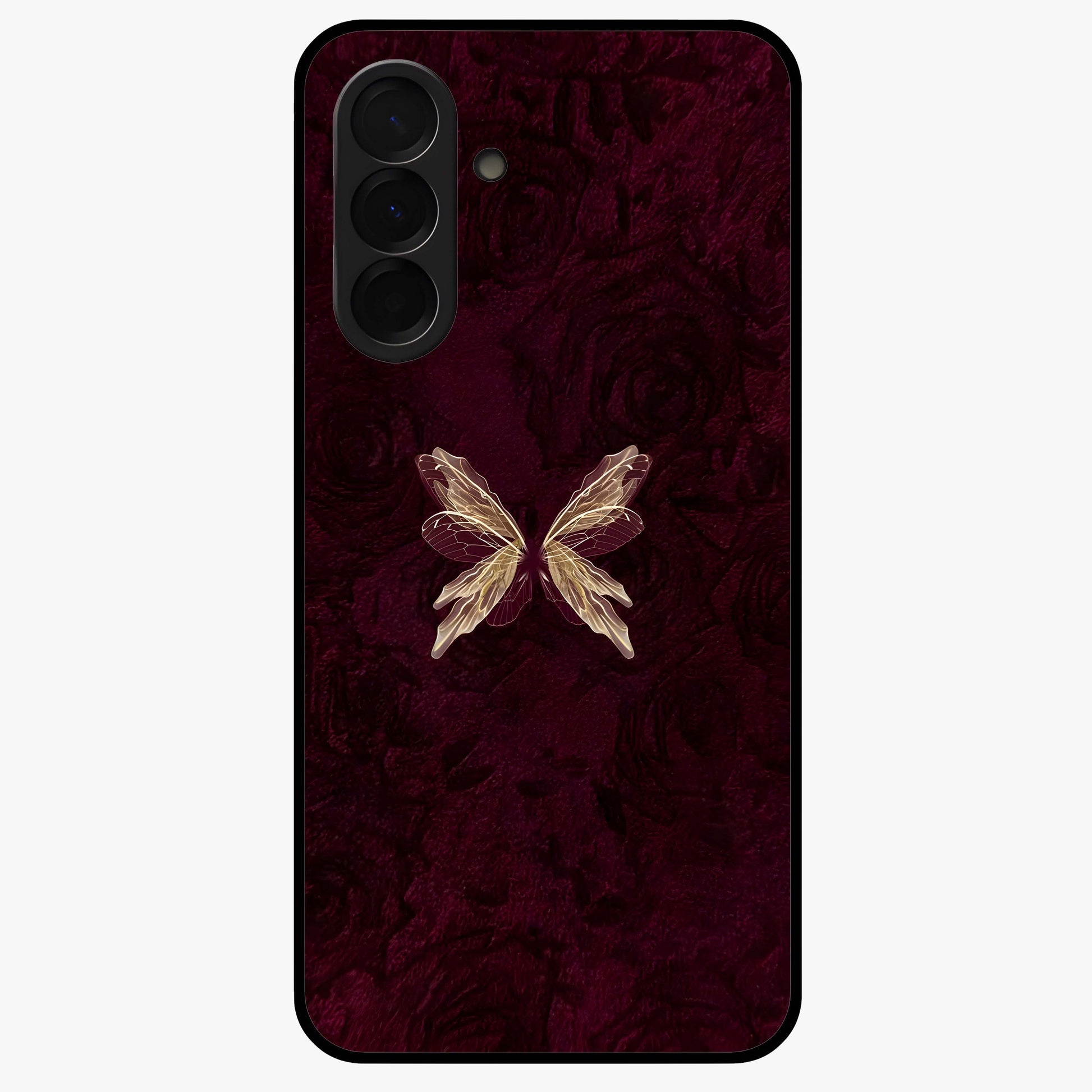 Crimson Fade Butterfly Glass Case showing flat back view with fading butterfly artwork and glossy glass finish.