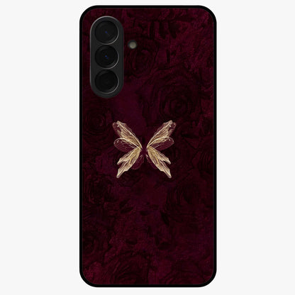 Crimson Fade Butterfly Glass Case showing flat back view with fading butterfly artwork and glossy glass finish.