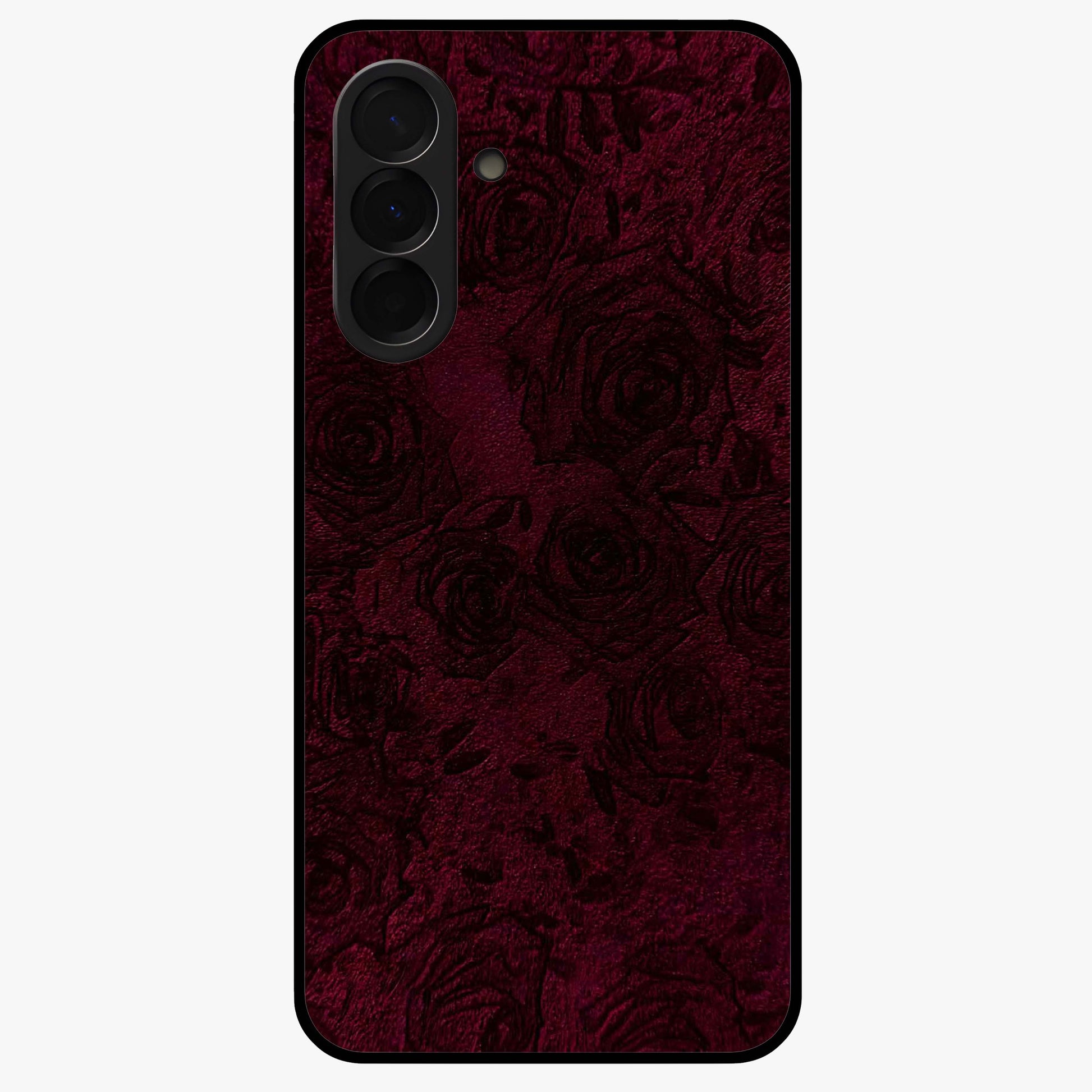 Crimson Fade Flow Glass Case showing flat back view with flowing crimson gradient artwork and glossy glass finish.