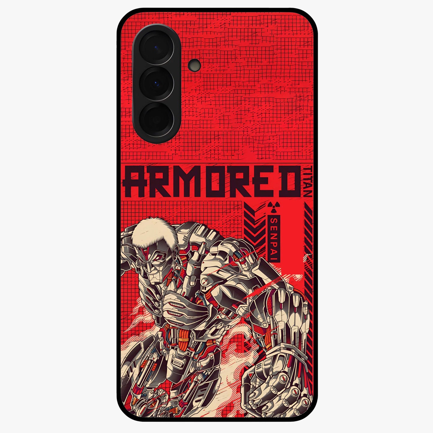 Crimson Mecha Titan Glass Case showing flat back view with powerful mech titan artwork and glossy glass finish.