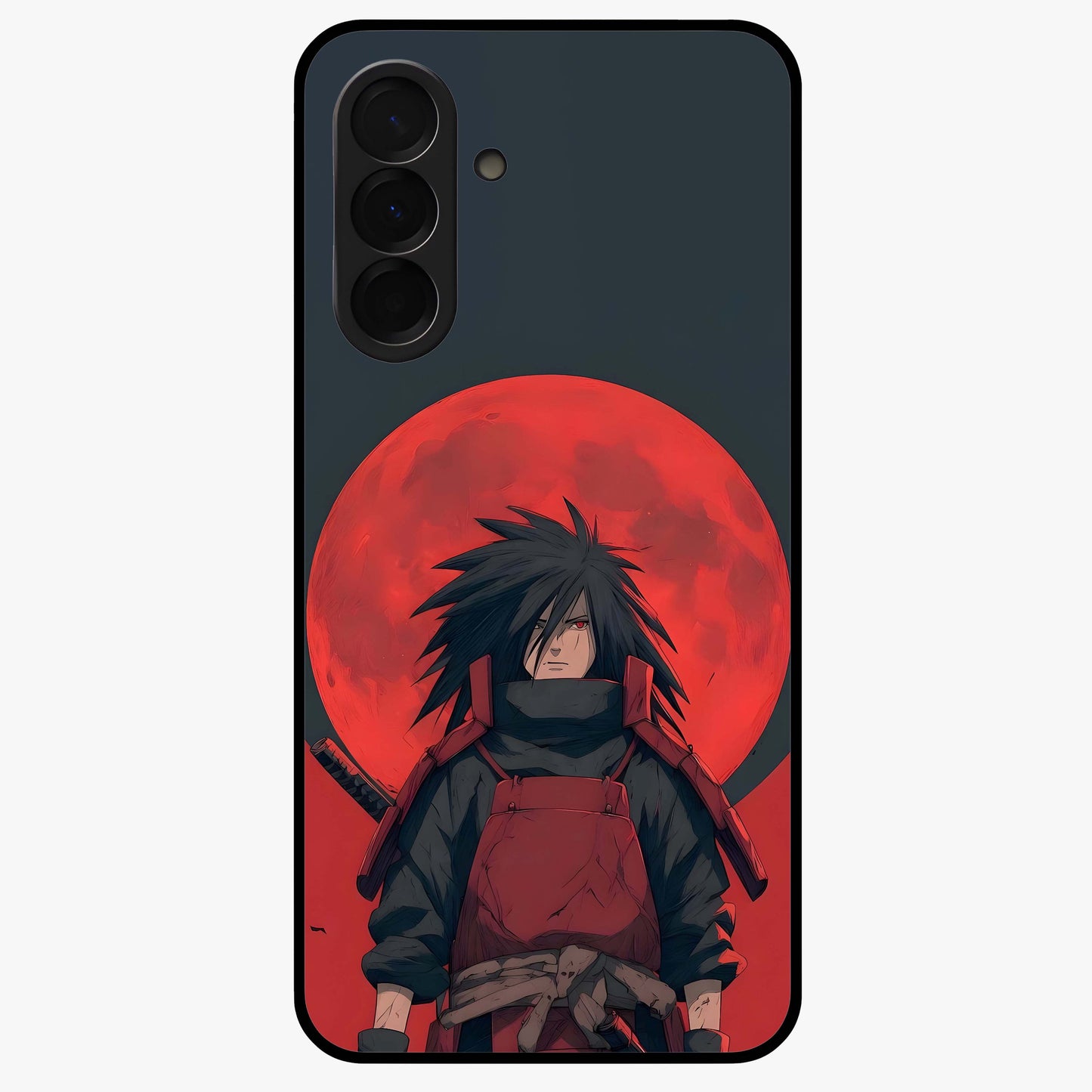 Crimson Moon Warlord Glass Case showing flat back view with mystical moon warrior artwork and glossy glass finish.