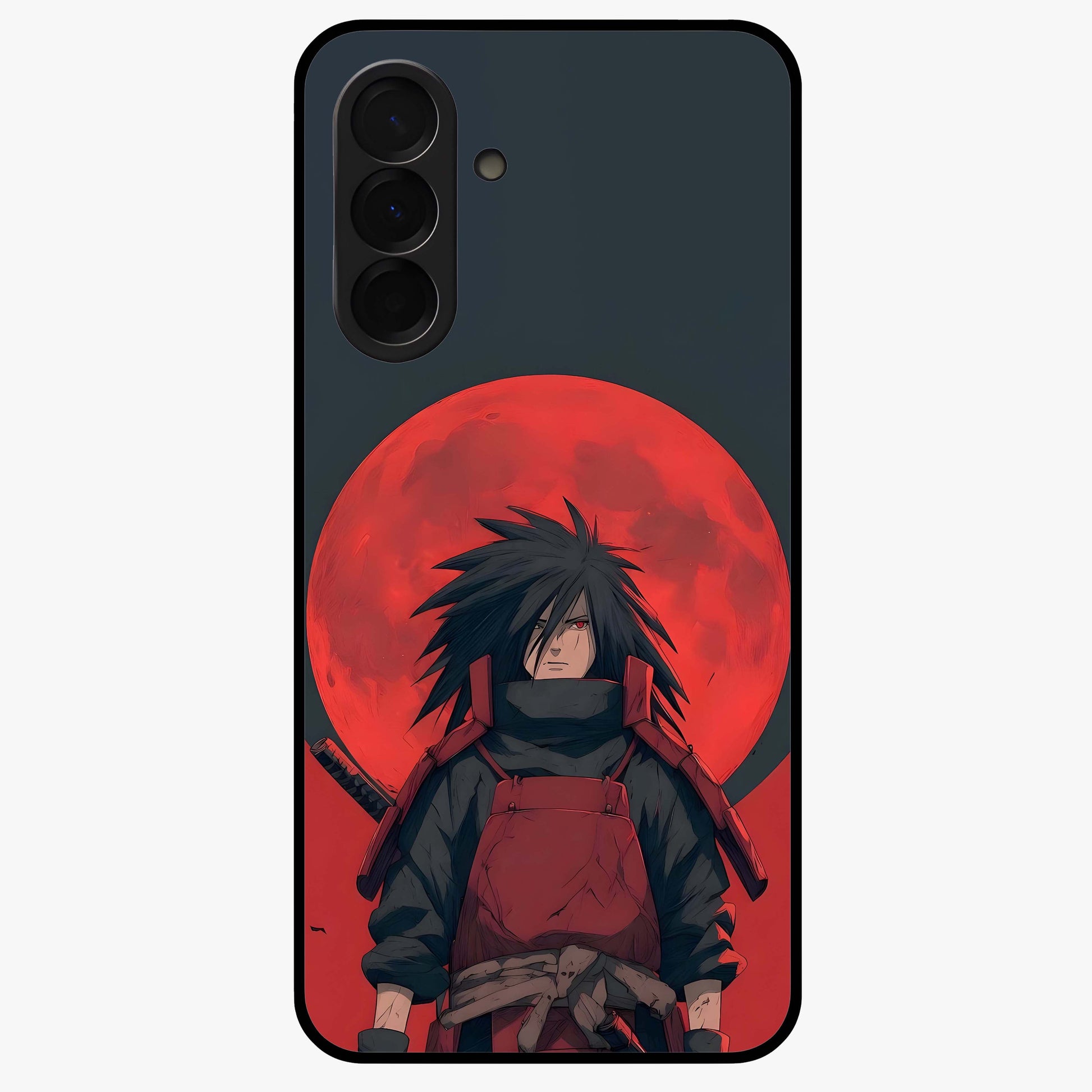 Crimson Moon Warlord Glass Case showing flat back view with mystical moon warrior artwork and glossy glass finish.