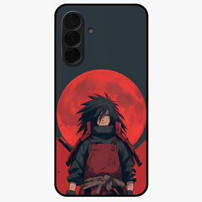 Crimson Moon Warlord Glass Case showing flat back view with mystical moon warrior artwork and glossy glass finish.