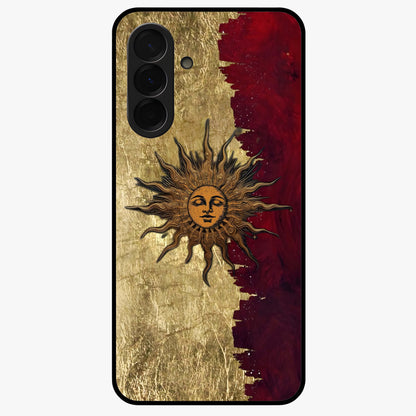 Crimson Sun Majesty Glass Case showing flat back view with radiant sun inspired artwork and glossy glass finish.