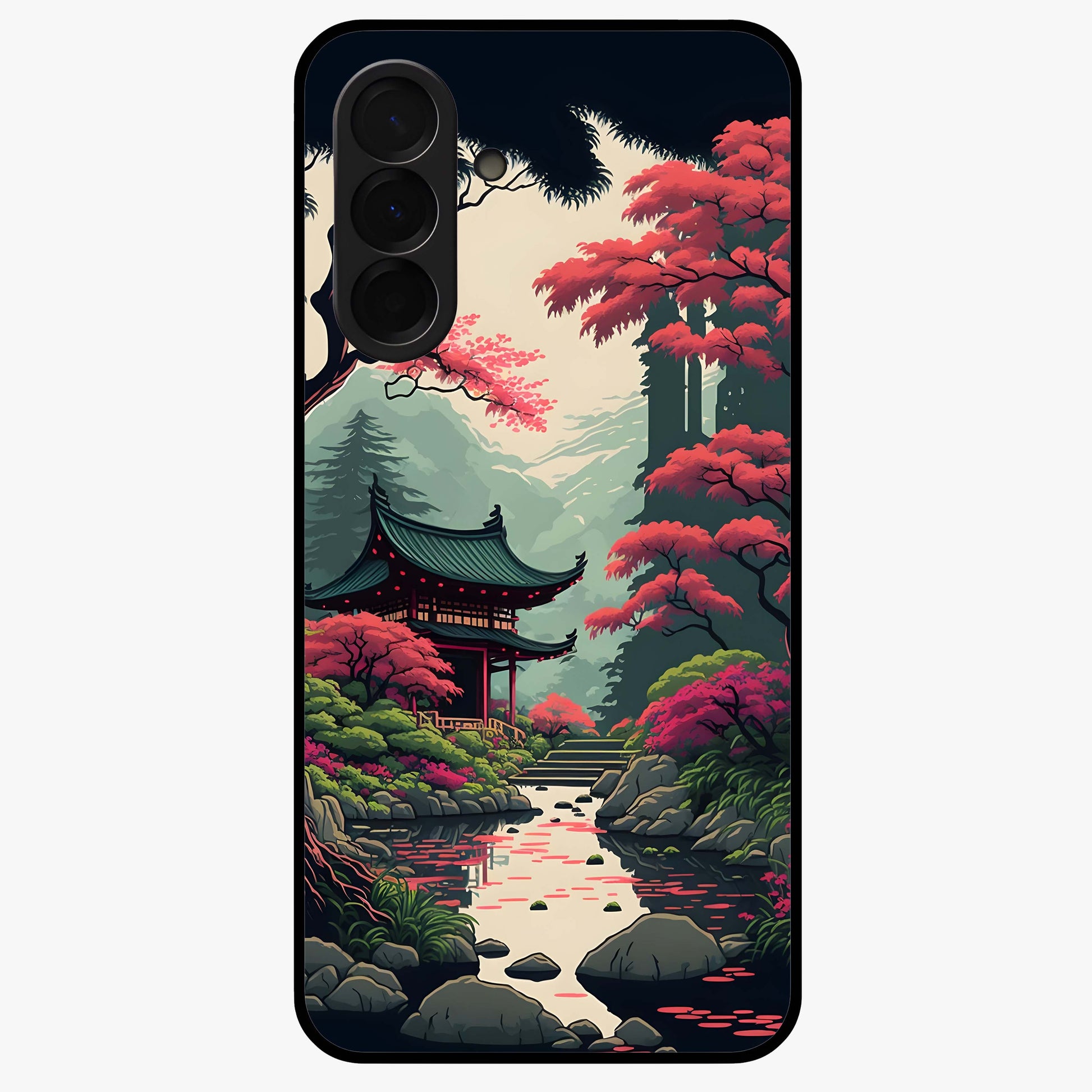 Crimson Temple View Glass Case showing flat back view with temple inspired artwork and glossy glass finish.