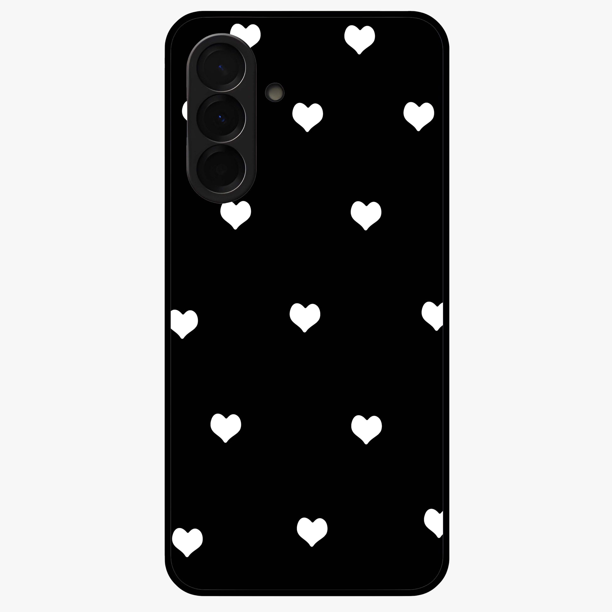 Cute And Simple White Hearts Glass Case showing flat back view with minimal white heart pattern and glossy glass finish.