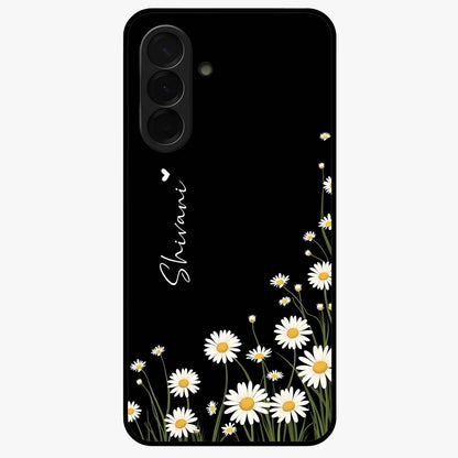 Daisy Cascade Custom Name Glass Case showing flat back view with cascading daisy flowers and personalized name design.