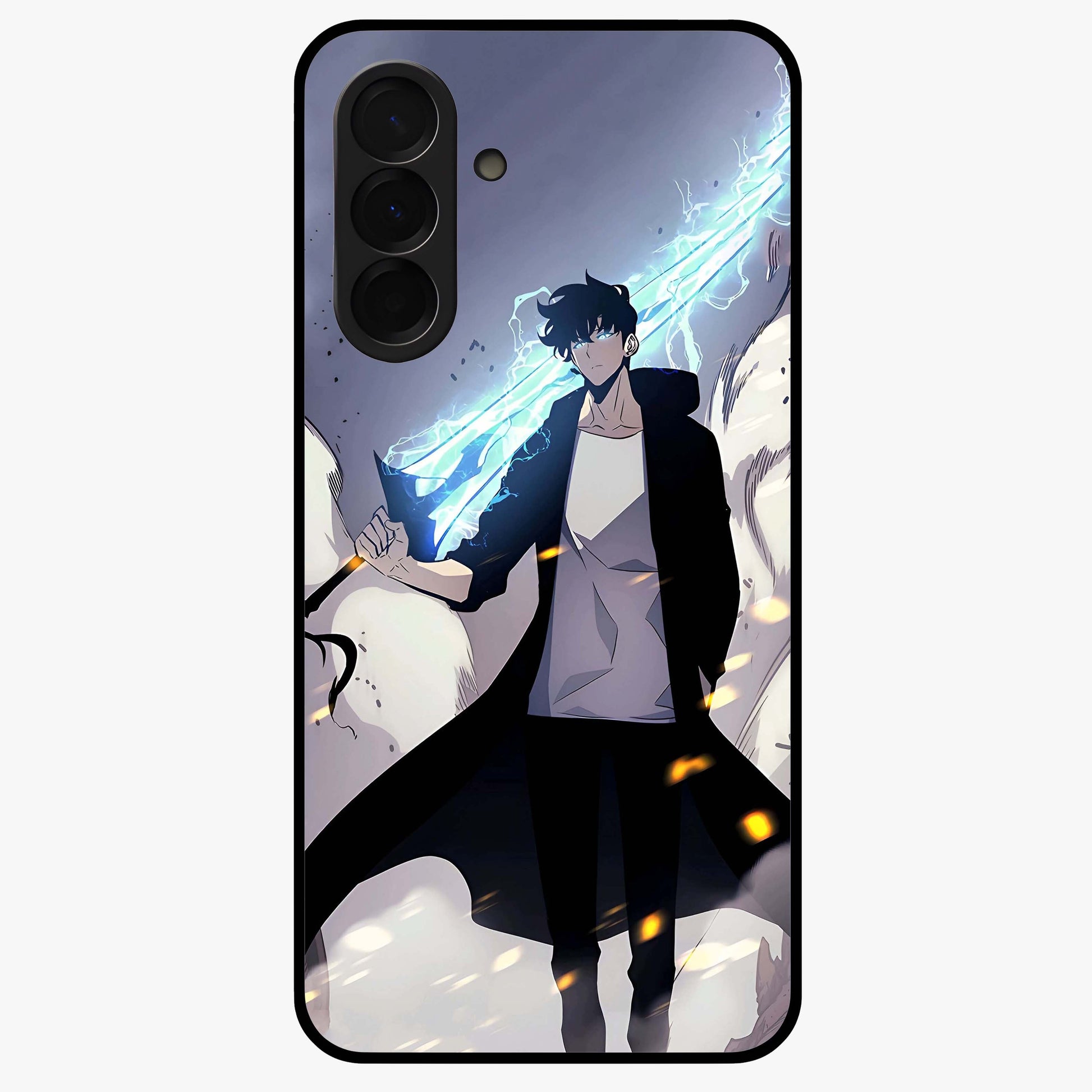 Dark Lightning Anime Warrior Glass Case showing flat back view with intense anime warrior artwork and glossy glass finish.