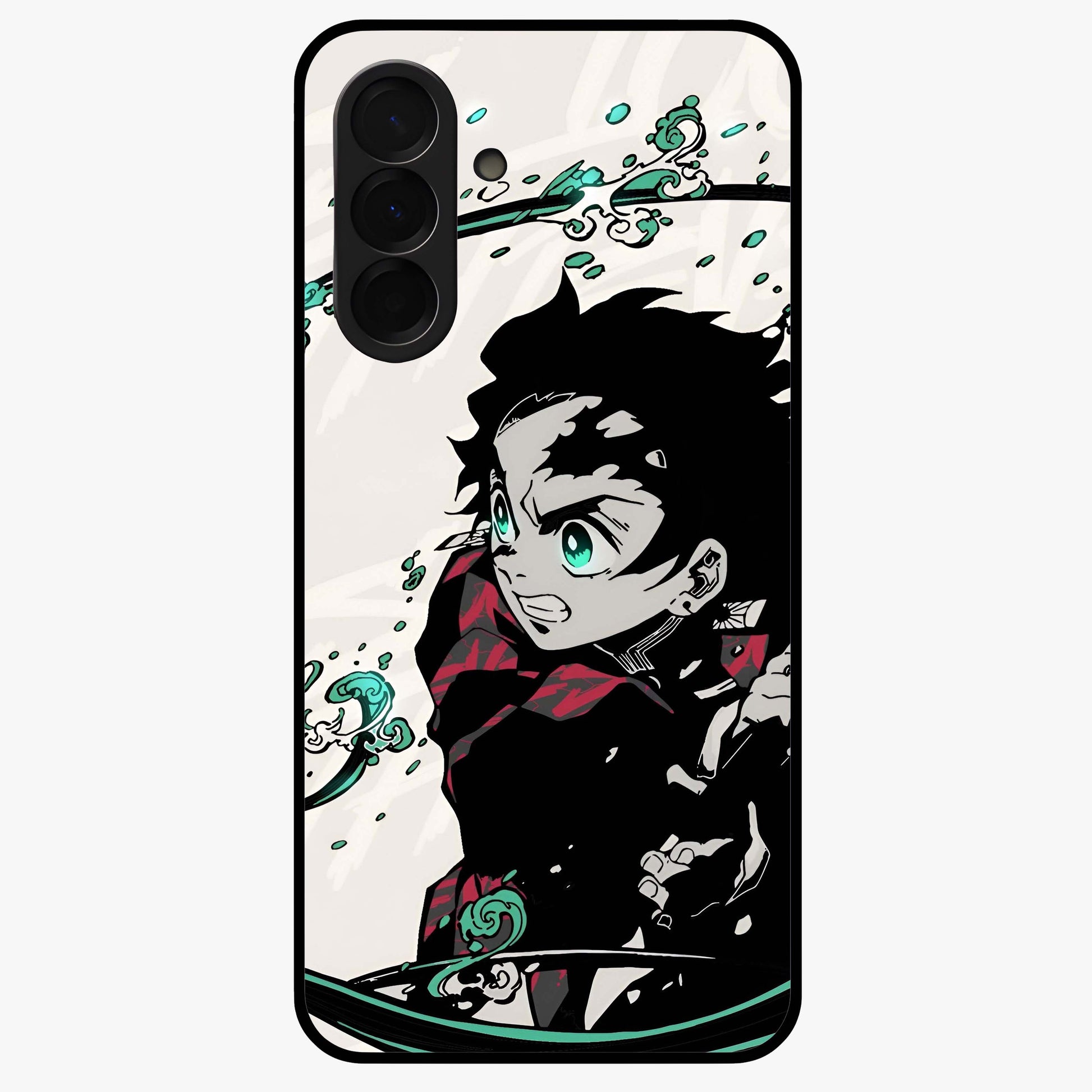 Demon Slayer Glass Case showing flat back view with bold anime inspired artwork and glossy glass finish.