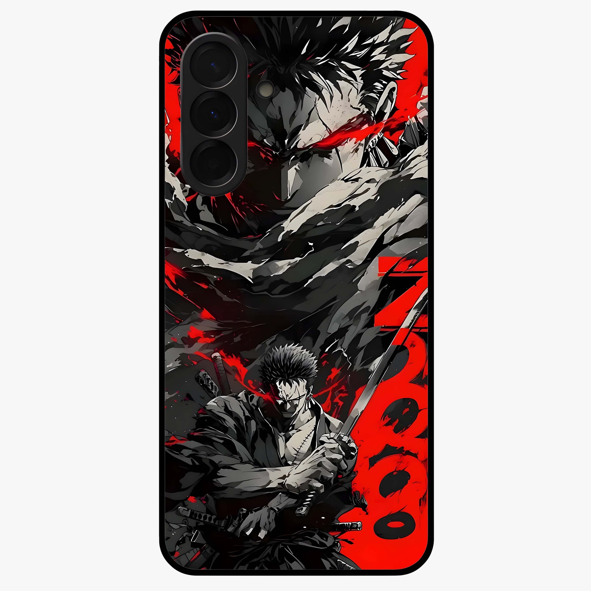 Demon Sword Resolve Glass Case showing flat back view with fierce sword warrior artwork and glossy glass finish.