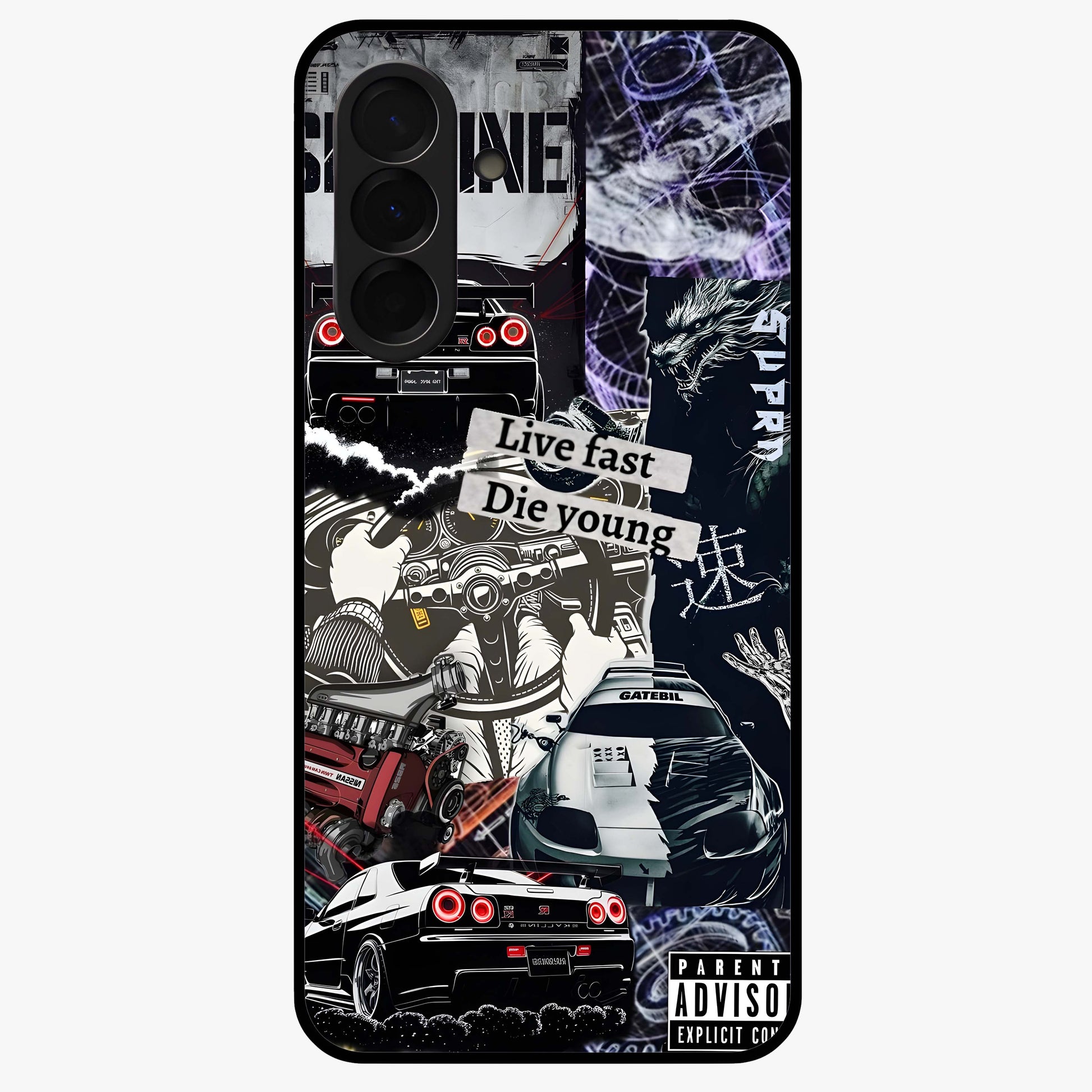 Die Young Glass Case showing flat back view with bold artistic typography design and glossy glass finish.