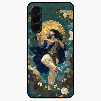 Divine Krishna Art Glass Case showing flat back view with Lord Krishna artwork and glossy glass finish.