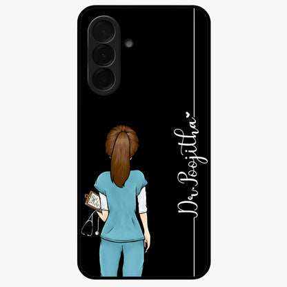 Doctor Pattern Custom Name Glass Case showing flat back view with medical themed pattern and personalized name design.
