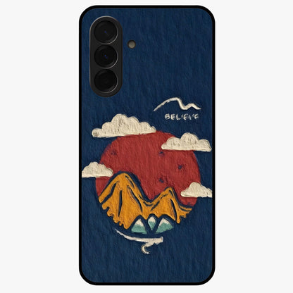 Dream Beyond Mountains Glass Case showing flat back view with scenic mountain landscape artwork and glossy glass finish.