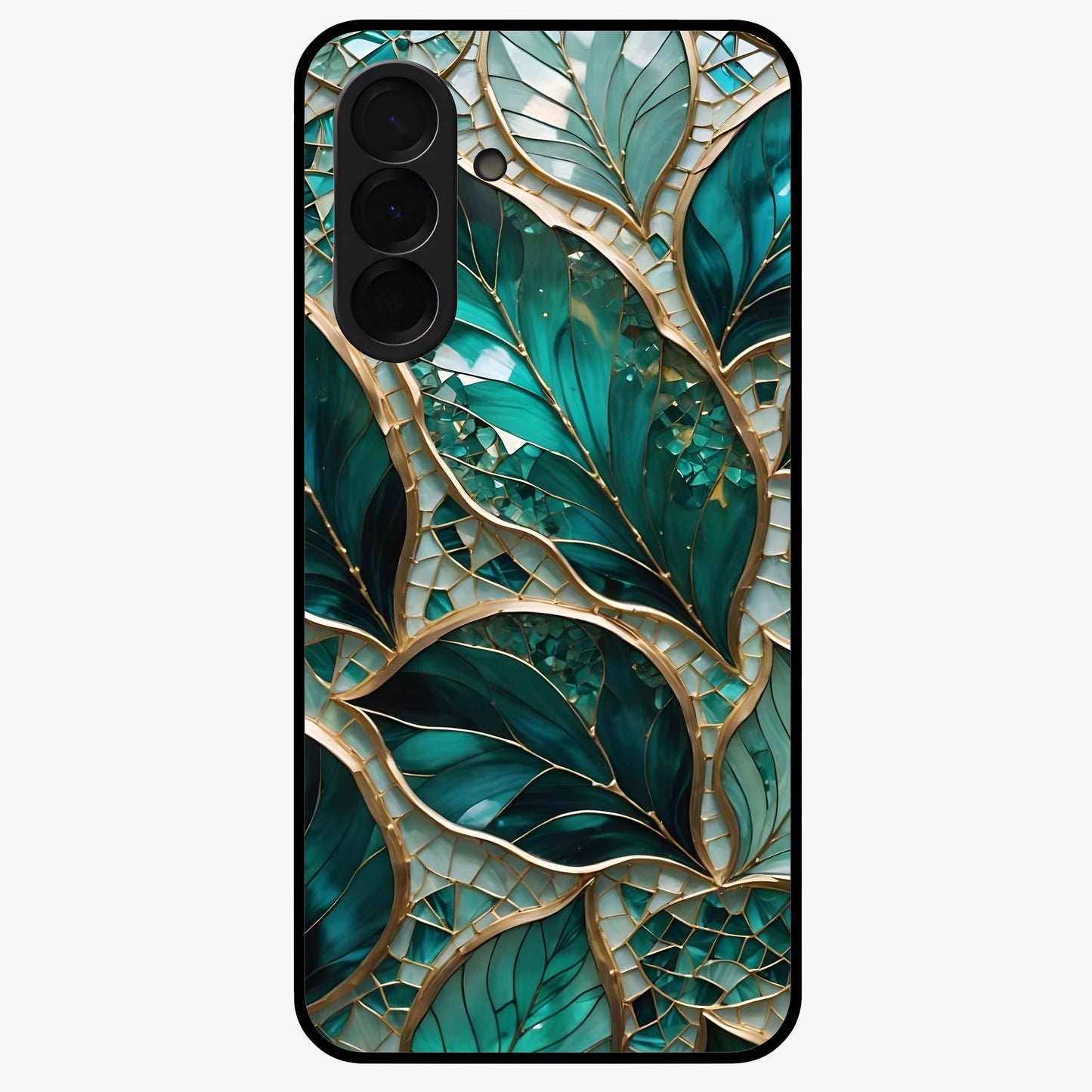 Emerald Leaf Glass Glass Case showing flat back view with emerald green leaf artwork and glossy glass finish.