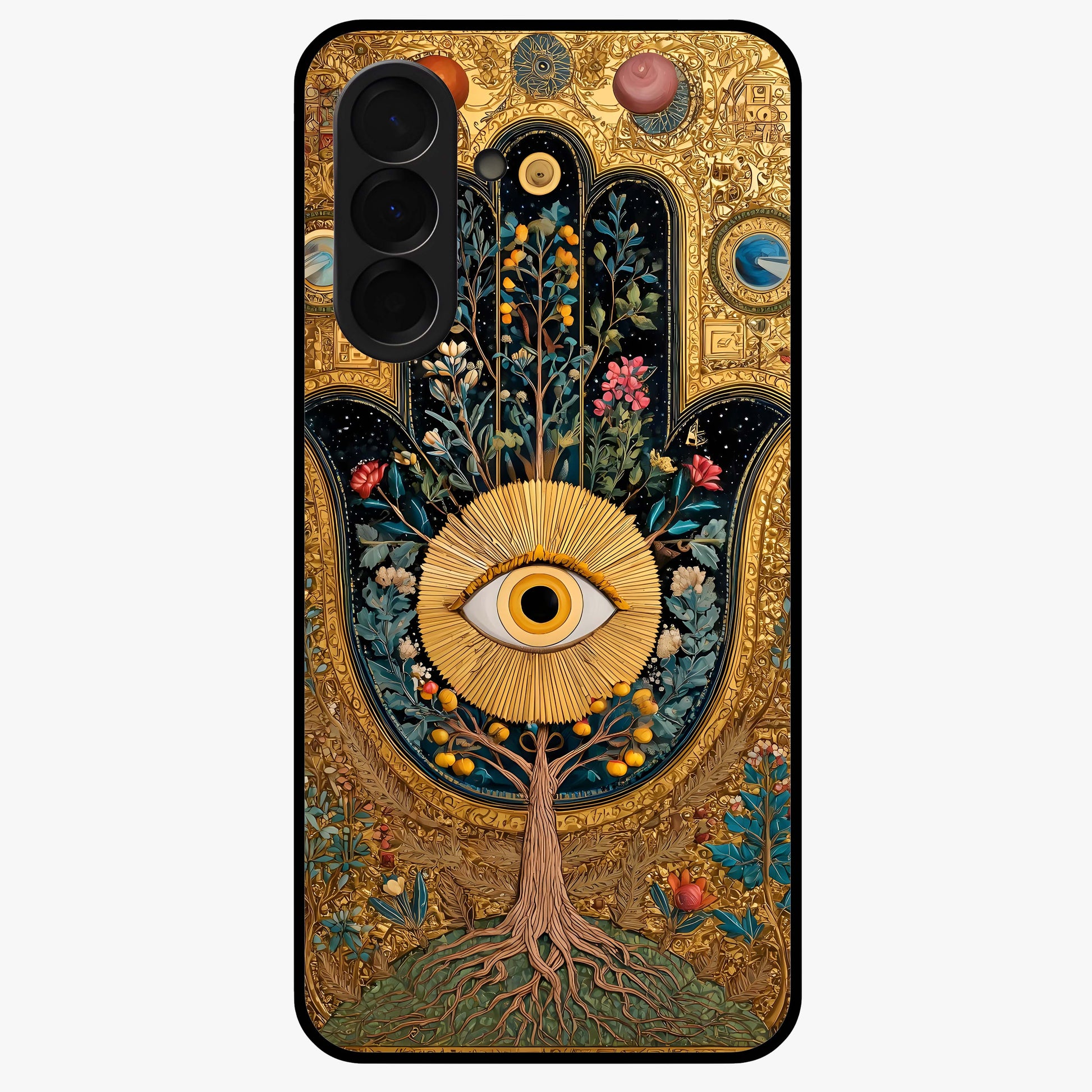 Ethereal Evil Eye Glass Case showing flat back view with mystical evil eye artwork and glossy glass finish.