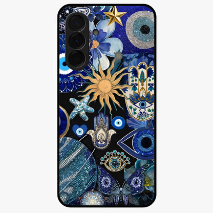 Evil Eye Charm Mix Glass Case showing flat back view with multiple evil eye charms artwork and glossy glass finish.