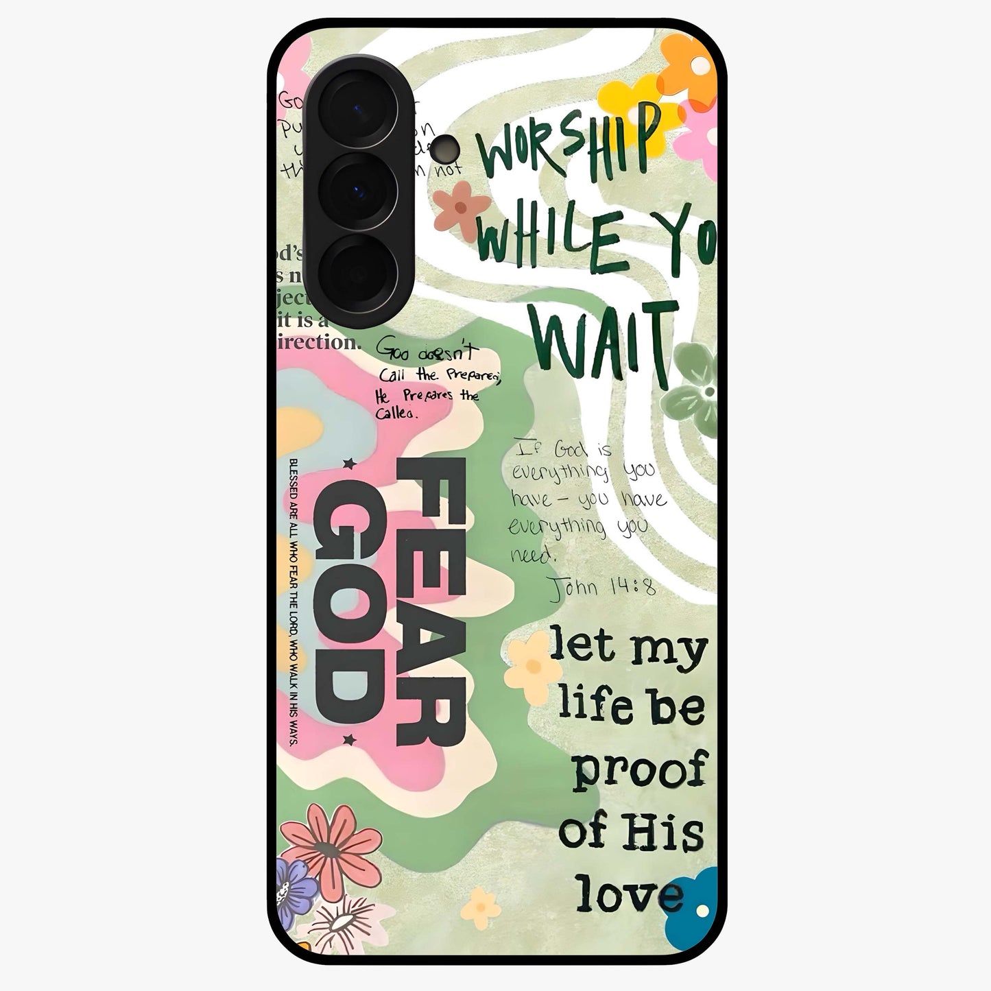 Faith Over Fear Glass Case showing flat back view with motivational typography artwork and glossy glass finish.