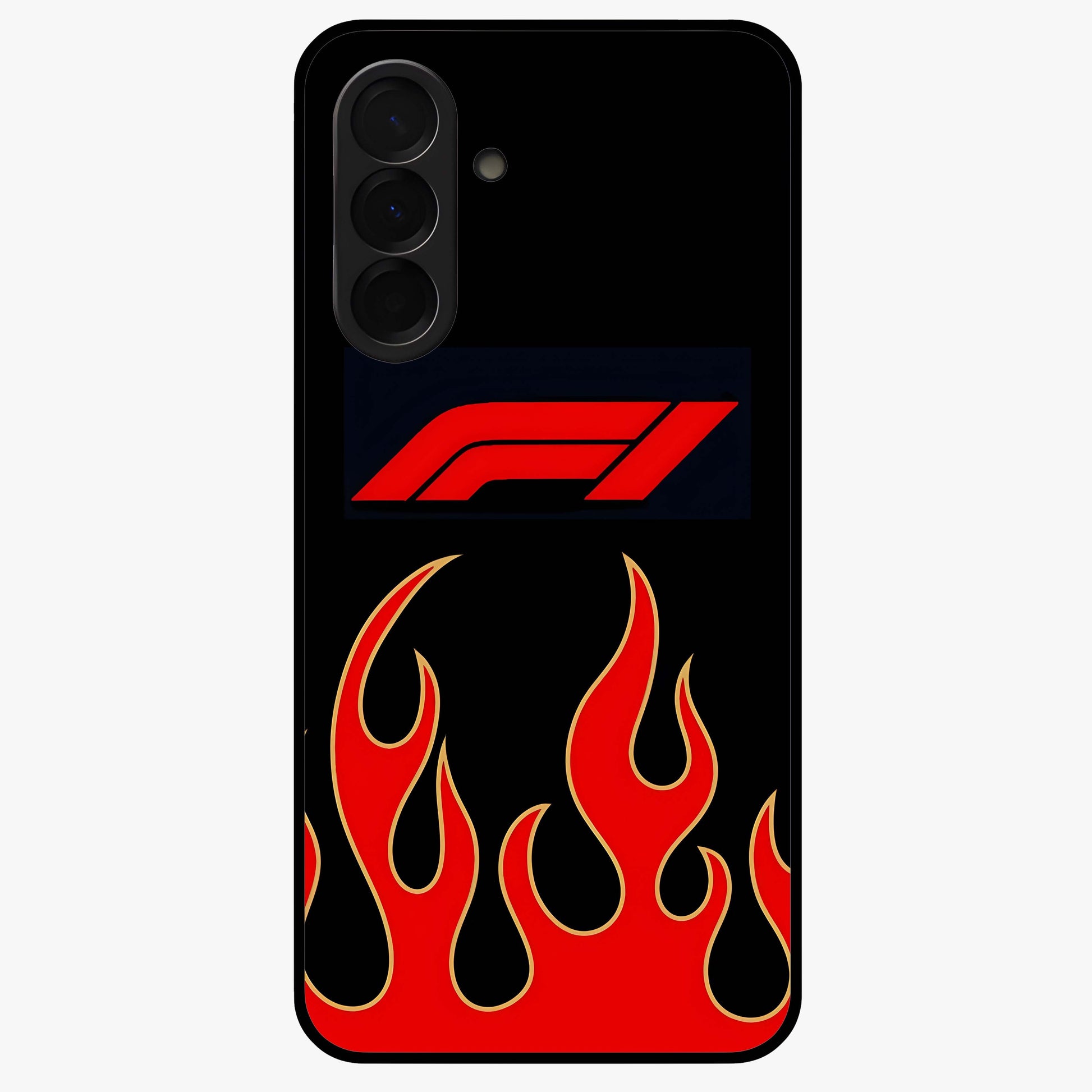 Fire F11 Glass Case showing flat back view with fiery themed artwork and glossy glass finish.