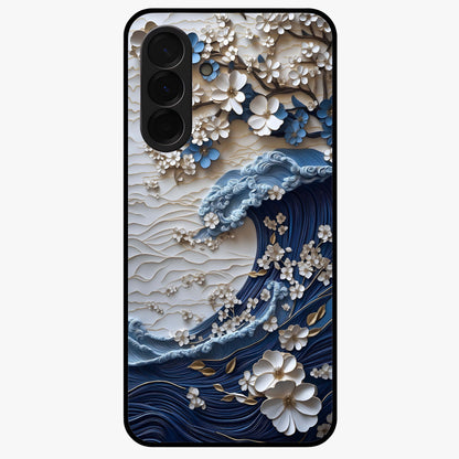 Floral Wave Origami Glass Case showing flat back view with origami inspired floral wave artwork and glossy glass finish.