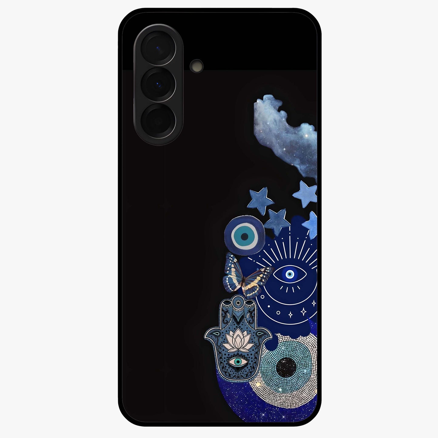 Galactic Charm Cluster Glass Case showing flat back view with glowing celestial charm artwork and glossy glass finish.