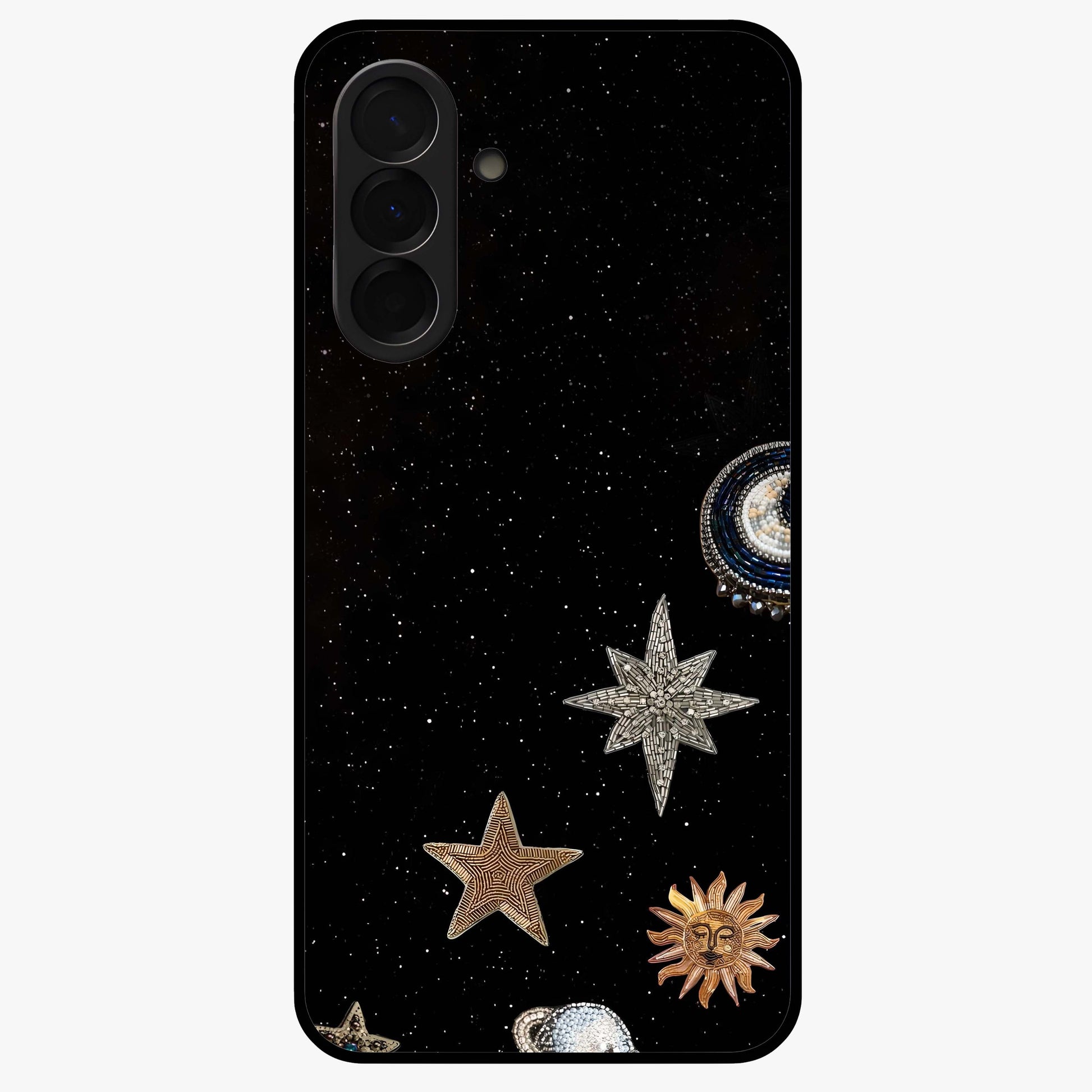Galactic Charm Glow Glass Case showing flat back view with glowing celestial charm artwork and glossy glass finish.