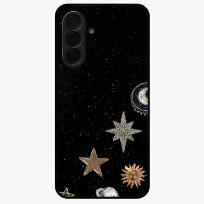 Galactic Charm Glow Glass Case showing flat back view with glowing celestial charm artwork and glossy glass finish.