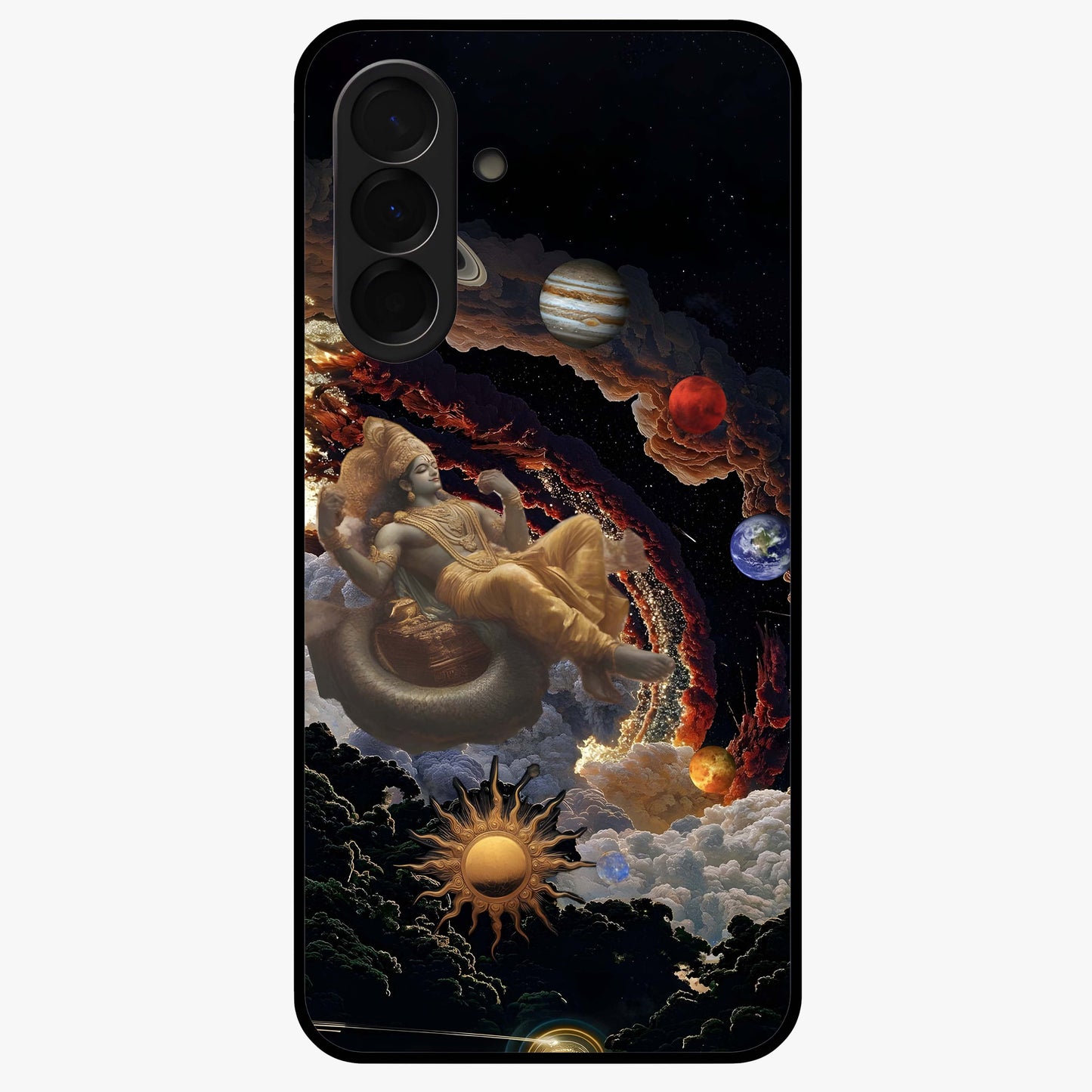 Galactic Divine God Glass Case showing flat back view with divine cosmic themed artwork and glossy glass finish.
