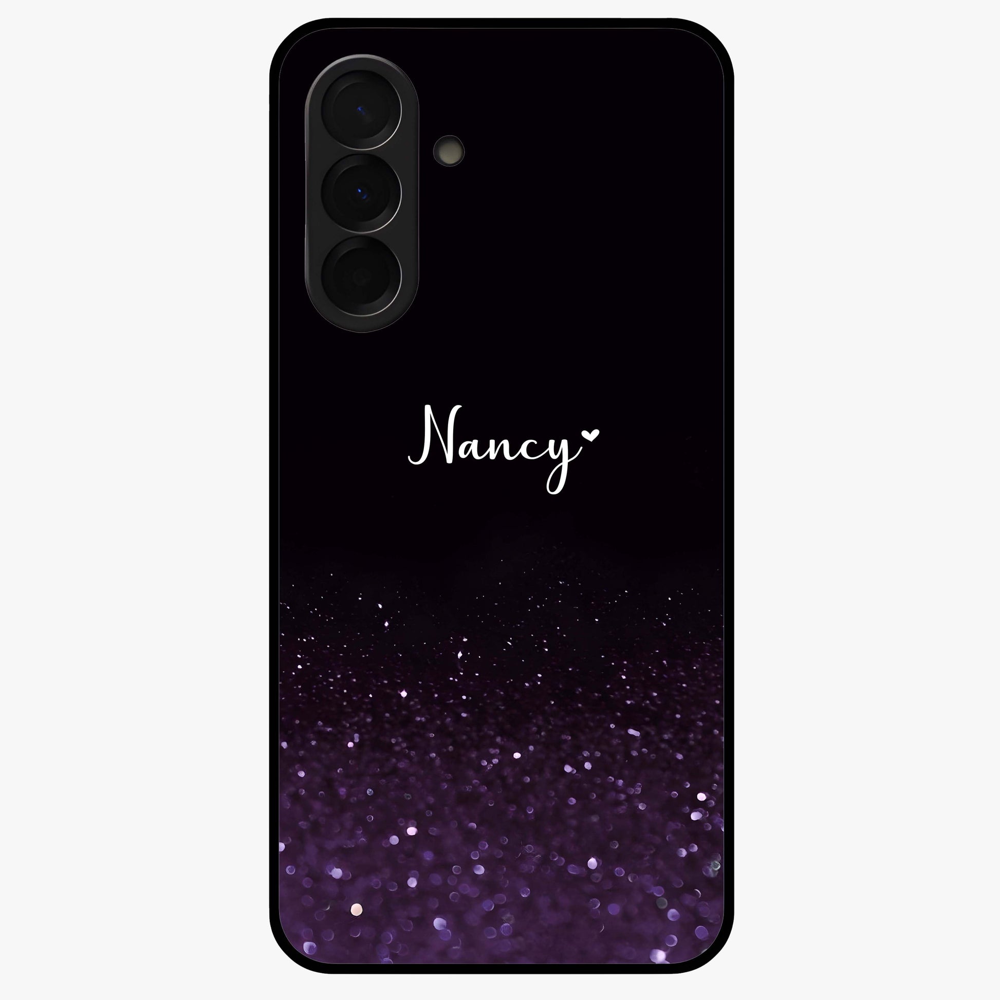 Glittery Purple Bokeh Custom Name Glass Case showing flat back view with purple bokeh sparkle artwork and personalized name design.