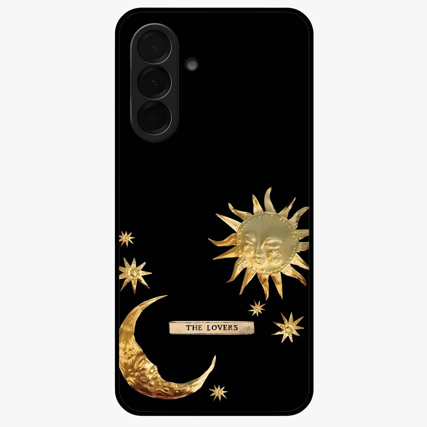 Golden Celestial Charm Glass Case showing flat back view with golden celestial charm artwork and glossy glass finish.
