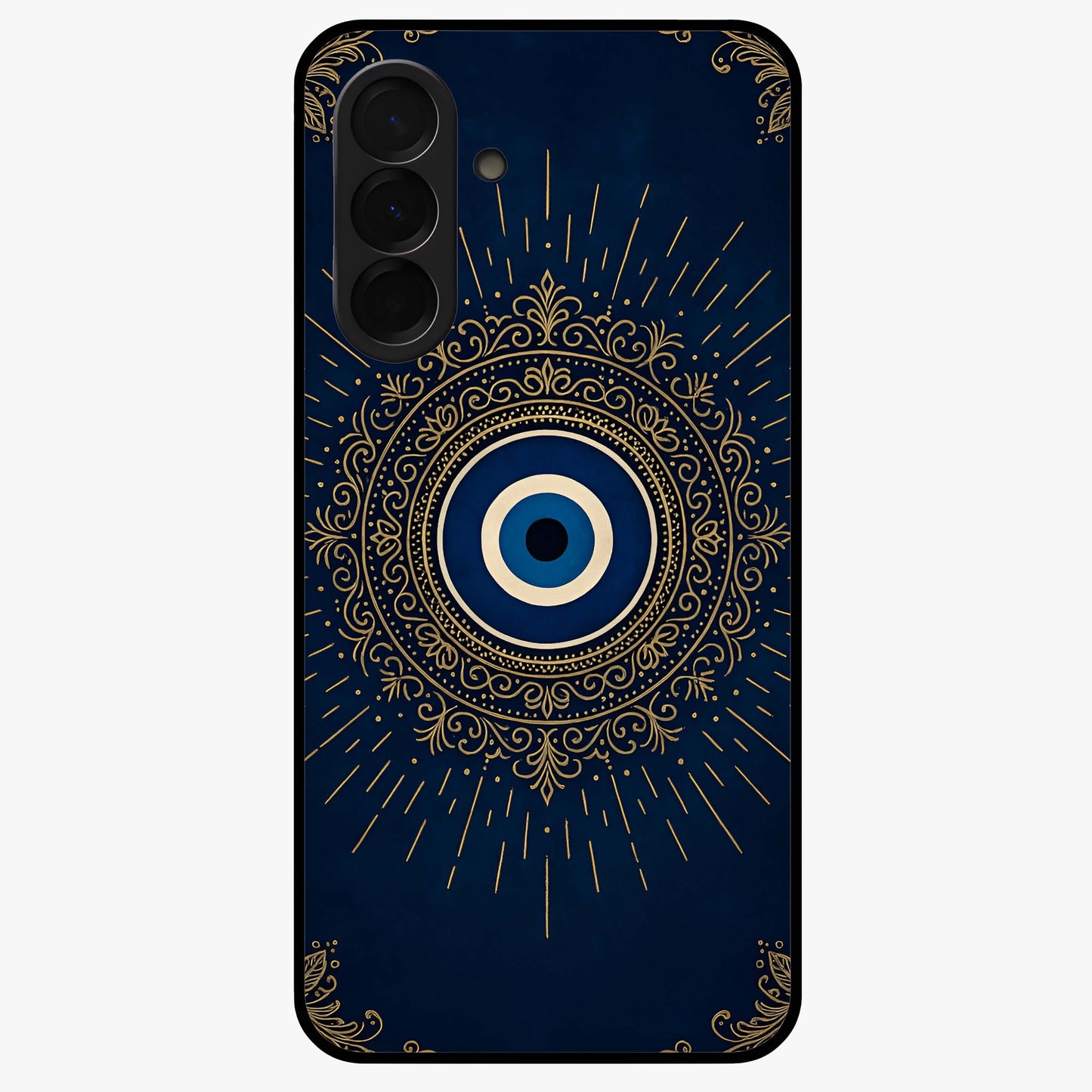 Golden Evil Eye Mandala Glass Case showing flat back view with intricate evil eye mandala artwork and glossy glass finish.
