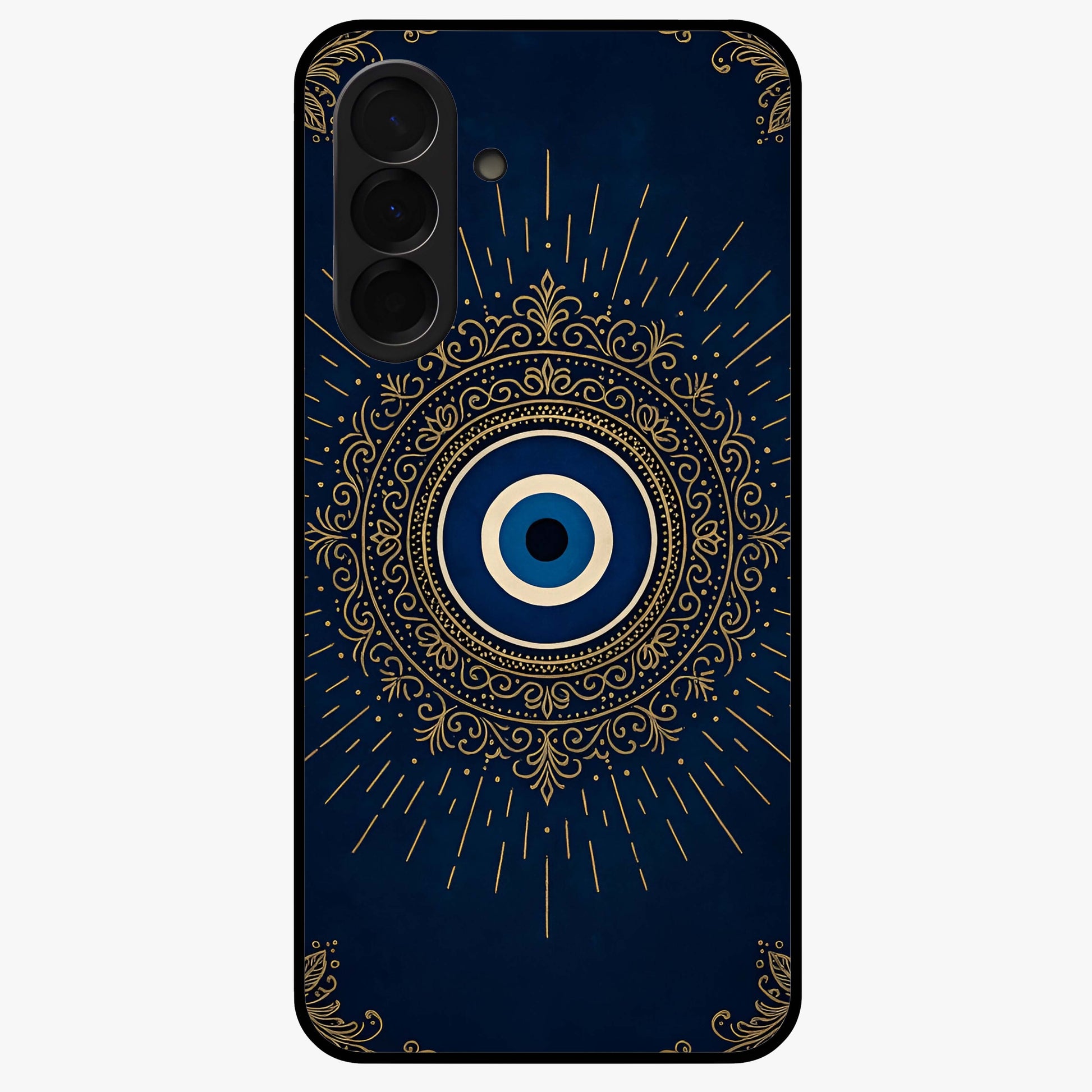 Golden Evil Eye Mandala Glass Case showing flat back view with intricate evil eye mandala artwork and glossy glass finish.