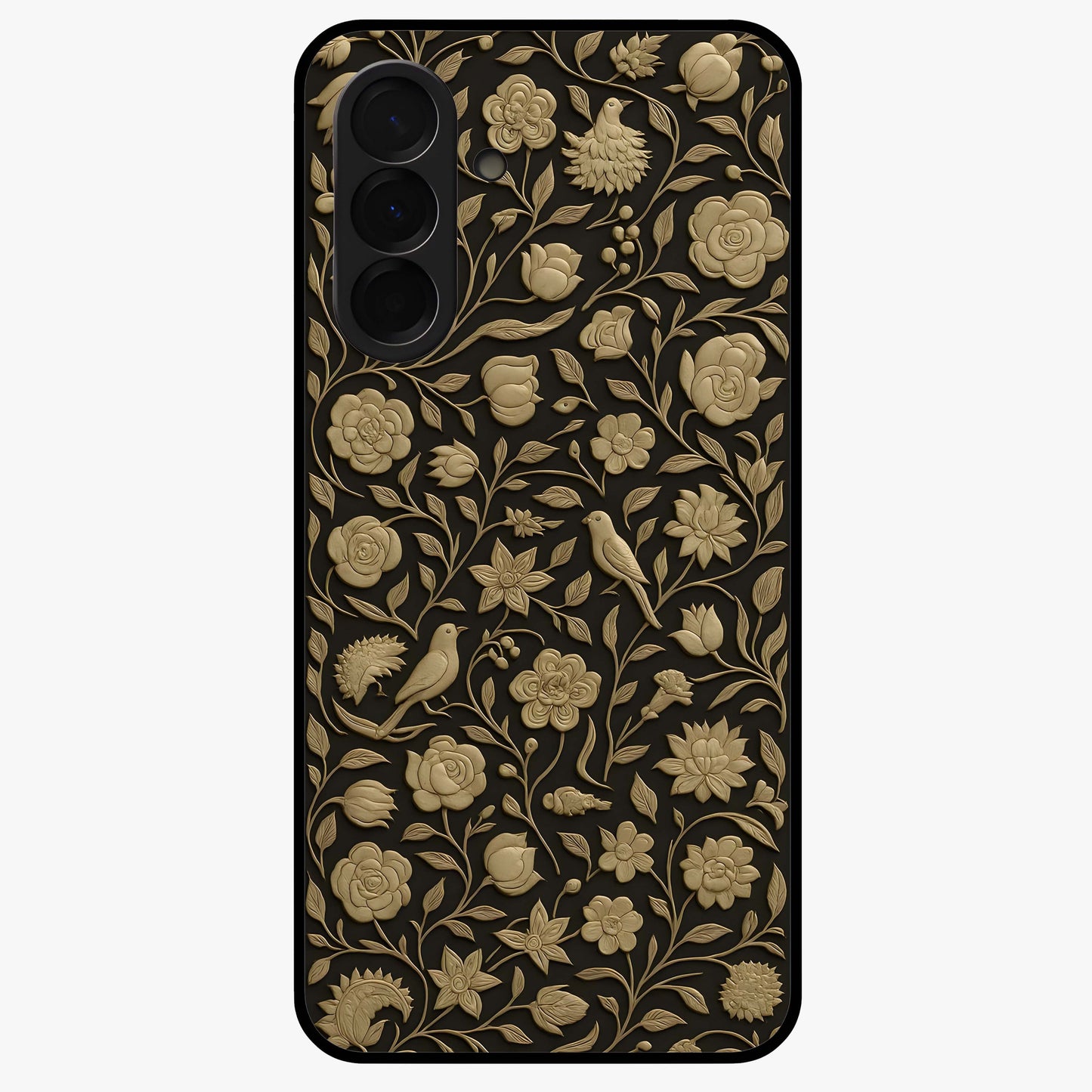 Golden Floral Majesty Glass Case showing flat back view with luxurious golden floral artwork and glossy glass finish.
