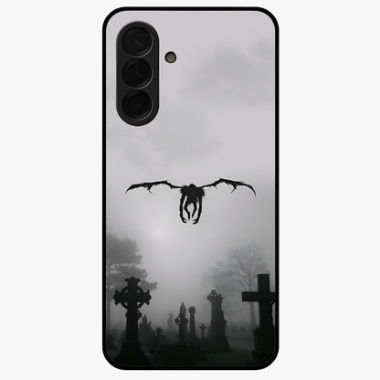 Graveyard Shadow Descent Glass Case showing flat back view with dark graveyard themed artwork and glossy glass finish.