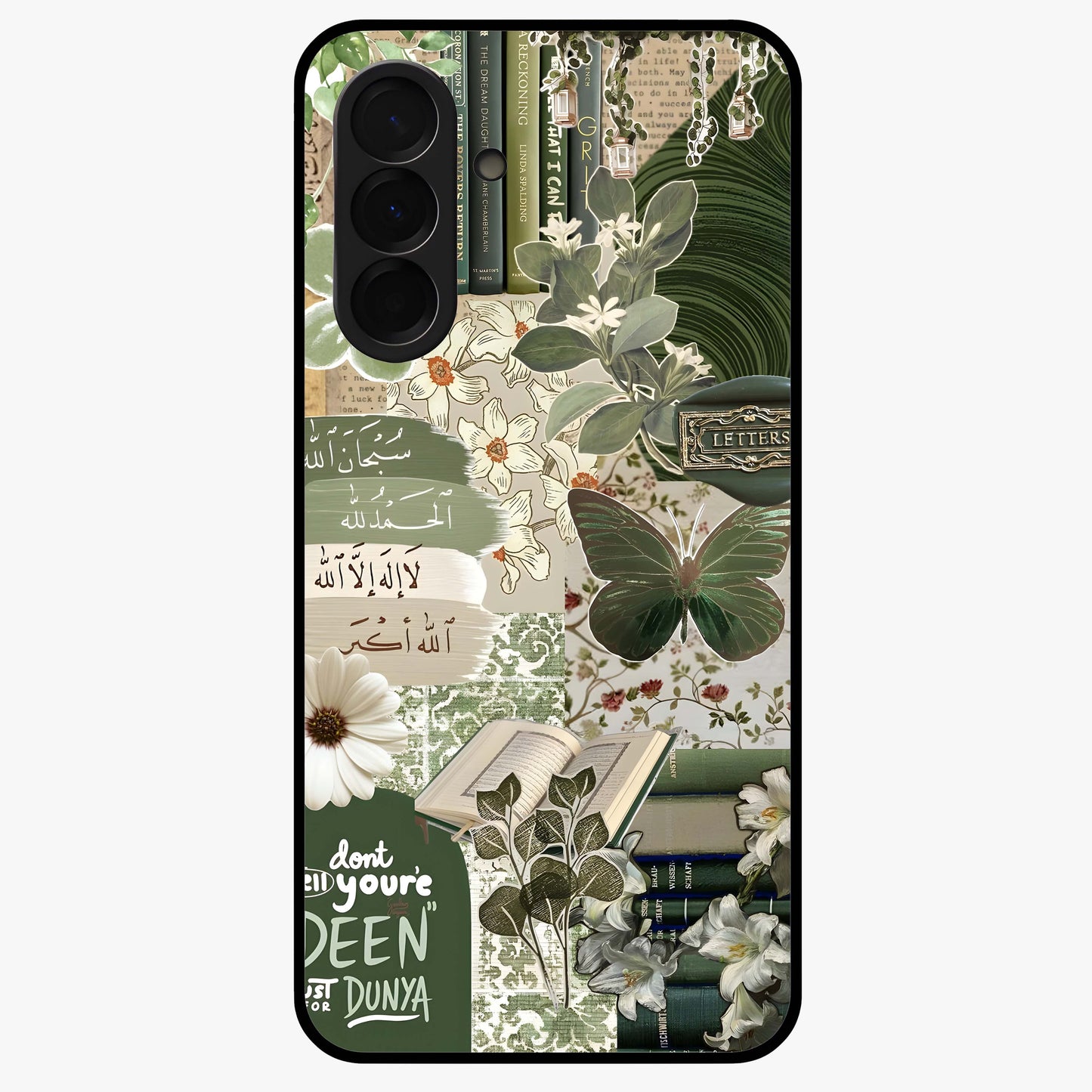 Green Islamic Books Quotes Glass Case showing flat back view with Islamic quotes and book themed artwork and glossy glass finish.