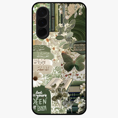 Green Islamic Books Quotes Glass Case showing flat back view with Islamic quotes and book themed artwork and glossy glass finish.