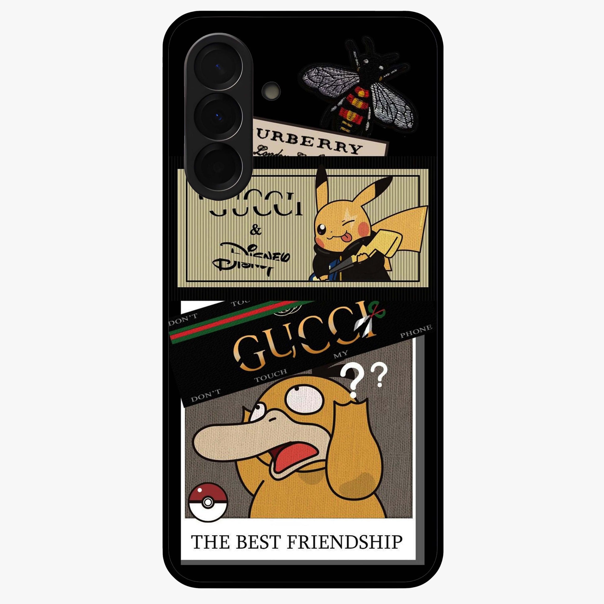 Gucci Play Mashup Glass Case showing flat back view with luxury inspired graphic artwork and glossy glass finish.