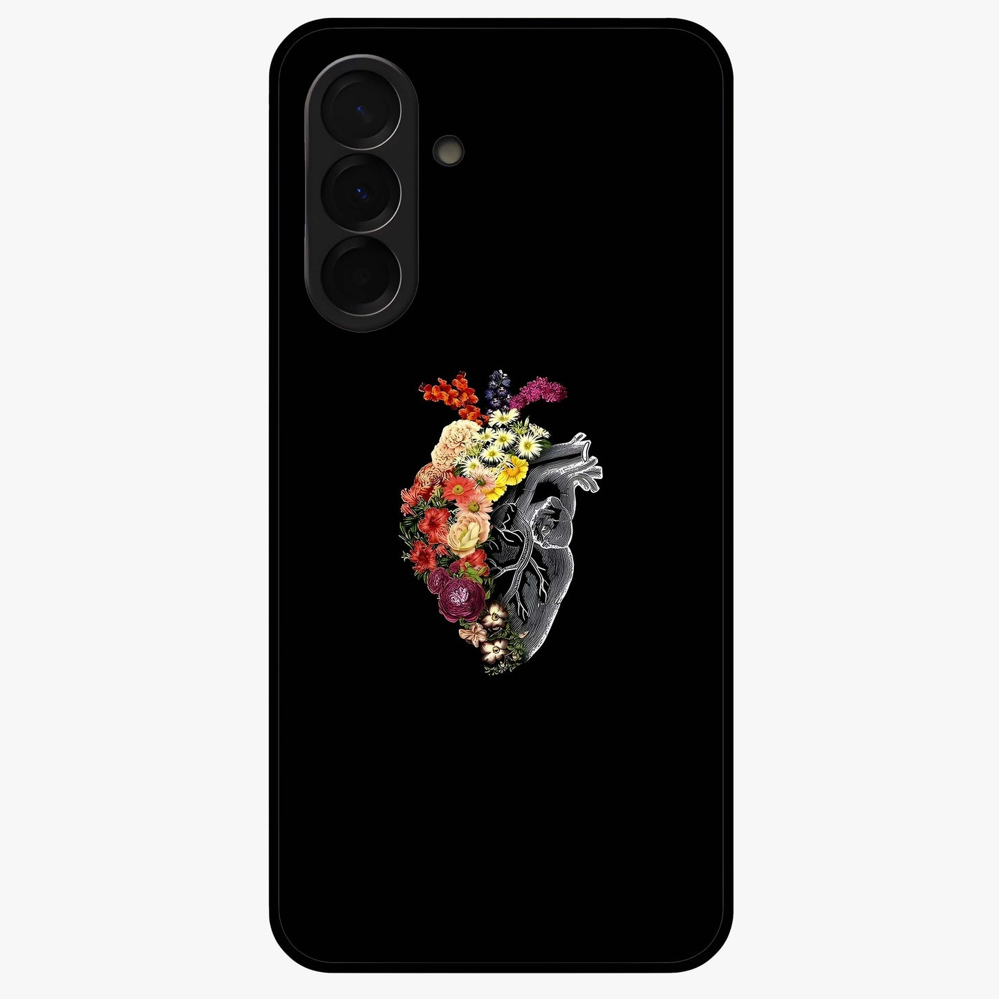 Heart With Flowers Glass Case showing flat back view with heart shaped floral artwork and glossy glass finish.