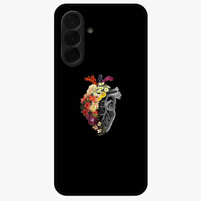 Heart With Flowers Glass Case showing flat back view with heart shaped floral artwork and glossy glass finish.