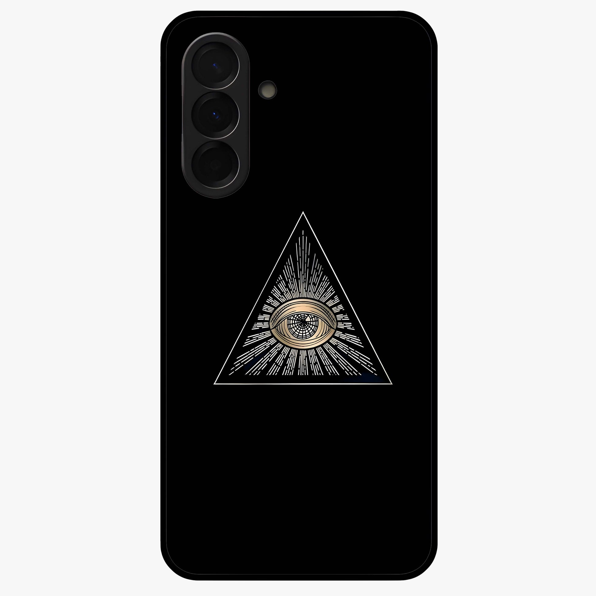 Illuminati Evil Glass Case showing flat back view with mysterious illuminati symbol artwork and glossy glass finish.