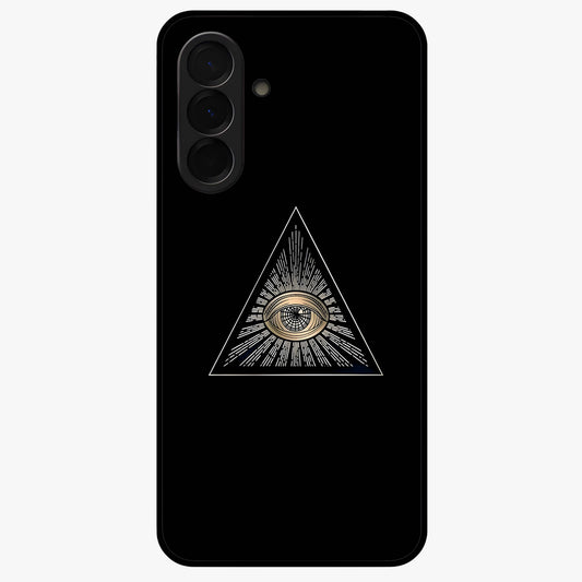 Illuminati Evil Glass Case showing flat back view with mysterious illuminati symbol artwork and glossy glass finish.