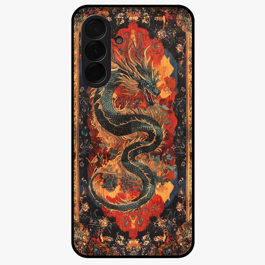 Inferno Dragon Soul Glass Case showing flat back view with fiery dragon artwork and glossy glass finish.