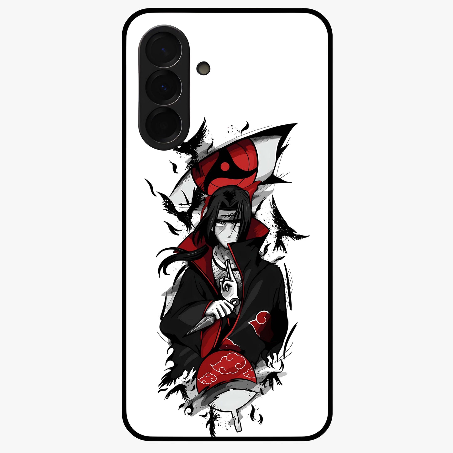 Itachi Sharingan Glass Case showing flat back view with powerful anime eye artwork and glossy glass finish.