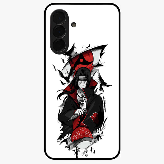 Itachi Sharingan Glass Case showing flat back view with powerful anime eye artwork and glossy glass finish.