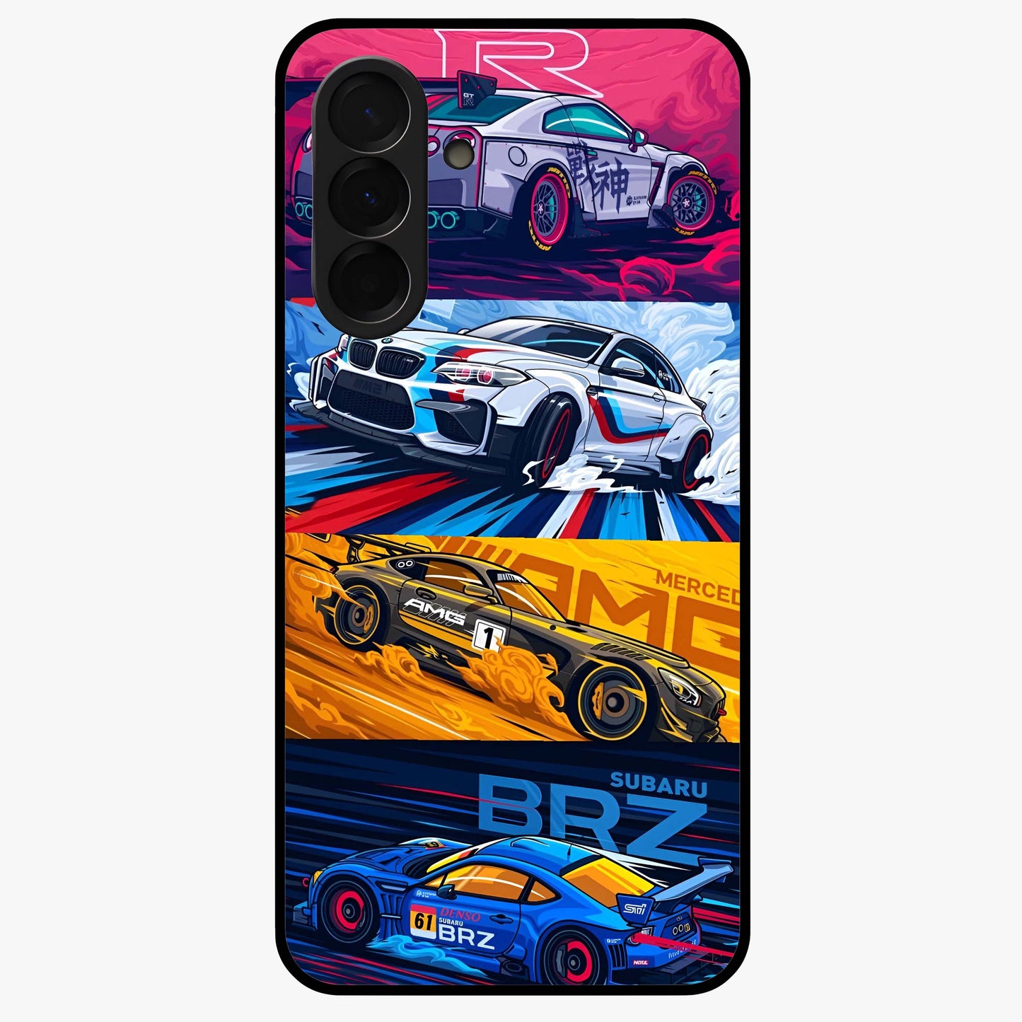 JDM Sports Car Glass Case showing flat back view with high performance sports car artwork and glossy glass finish.