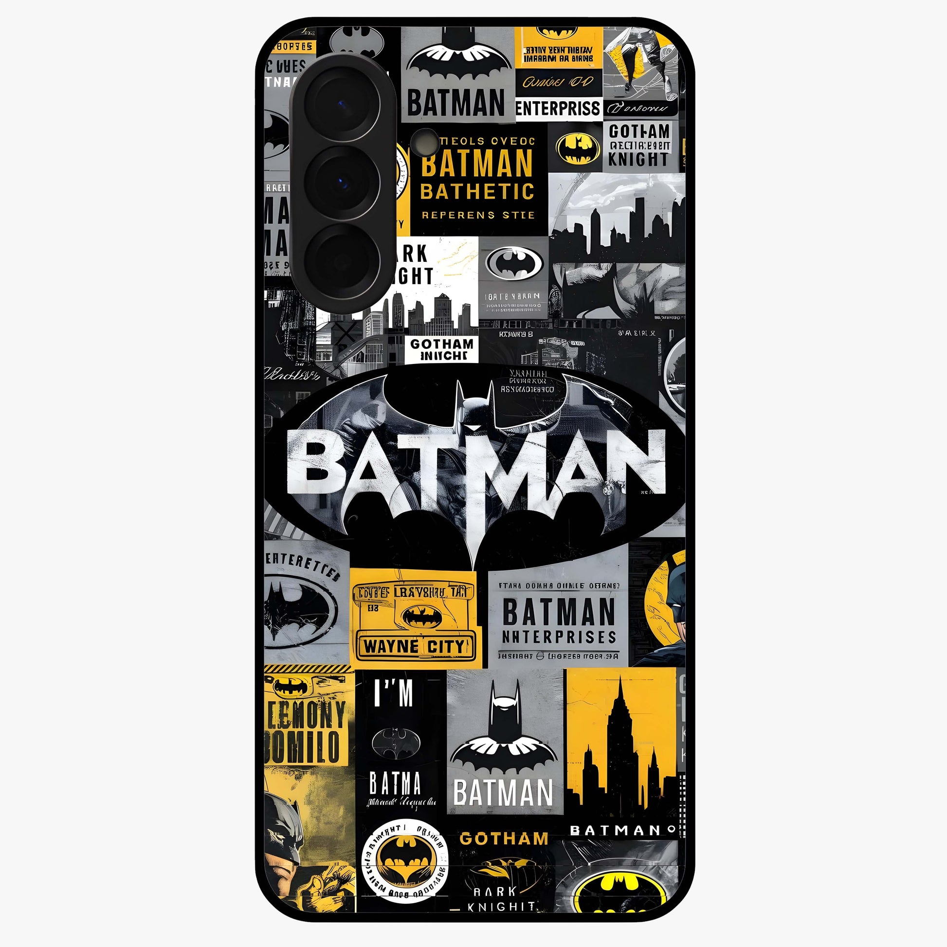 Knight Gotham Rise Glass Case showing flat back view with dark hero inspired artwork and glossy glass finish.