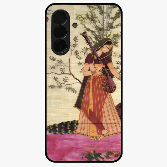 Lady With Veena Art Glass Case showing flat back view with elegant woman playing veena artwork and glossy glass finish.