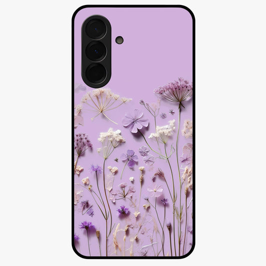 Lavender Blossom Dream Glass Case showing flat back view with soft lavender floral artwork and glossy glass finish.